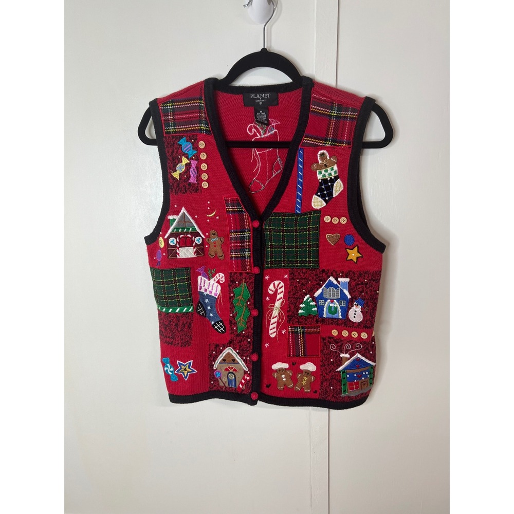Planet & Company Womens Red Christmas Sweater Vest Gingerbread Holiday Medium